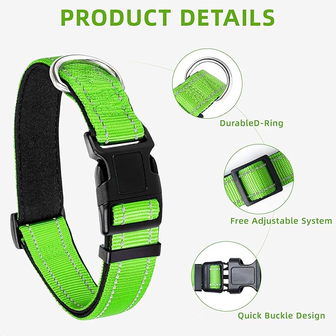 Reflective Dog Collar, Soft Neoprene Padded Nylon Pet Collar with Quick-Release Buckle, Adjustable for Large Dogs,Green,L
