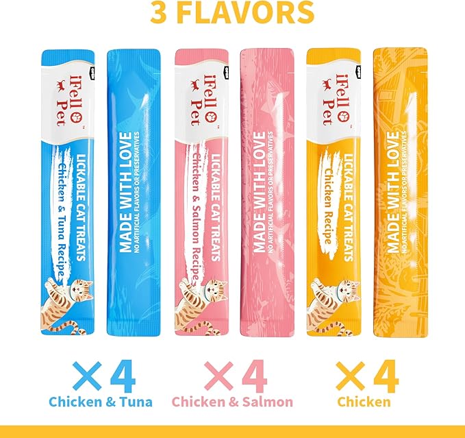 Cat Treats Lickable, Variety Pack - Lickable Cat Treats Squeeze Up, with Tuna, Salmon, Chicken Flavor, Grain-Free for Skin & Coat Support, 0.53 oz(Pack of 12)