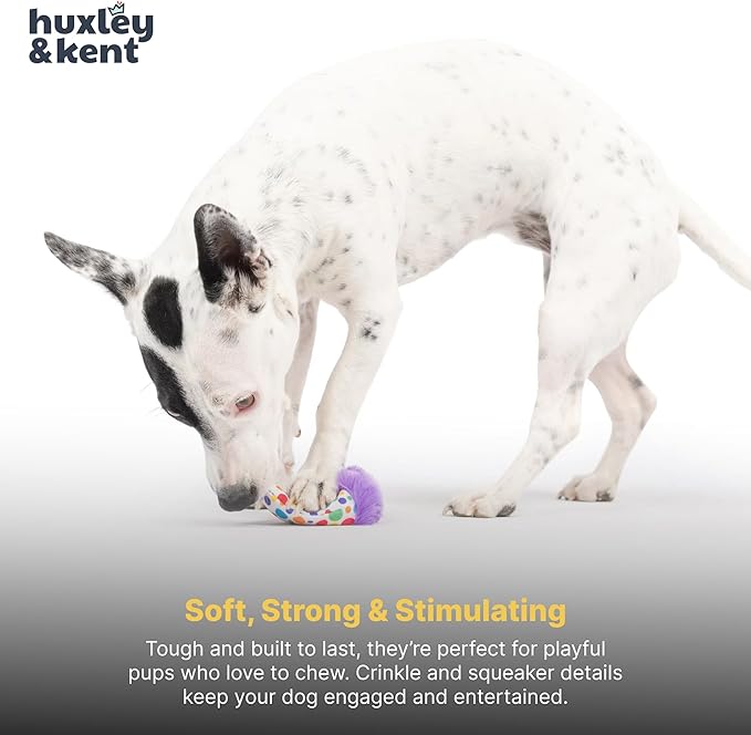 Huxley & Kent Funny Dog Toy w/Squeaker – Power Plush Squeaky Dog Toys for Small Dogs – Durable Small Stuffed Animal for Indoor Play & Fetch - Tiny Tuff Polka Dot Party Hat