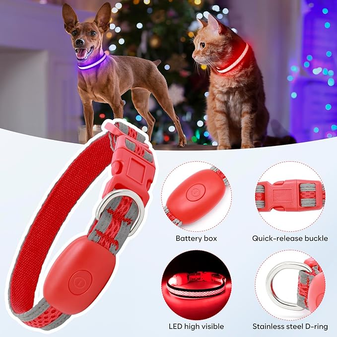 Flashseen LED Cat Collar,Light Up Dog Collar Rechargeable, Dog Lights for Night Walking, Comfortable Soft Mesh Pet Collar Adjustable for Cats Puppy and Small Dogs (Red, XS)
