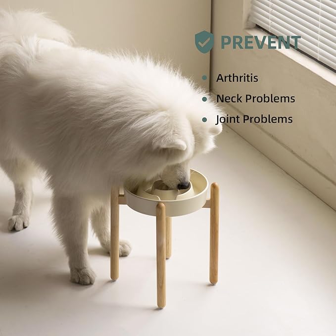 9.5inch Ceramic Raised Slow Feeder Dog Bowl Set, Elevated Bowl with Wooden Stand for Large Dog, Puzzle Slow Pet Food Dish, Anti-Gulping(Beige, Single Bowl+ Stand)