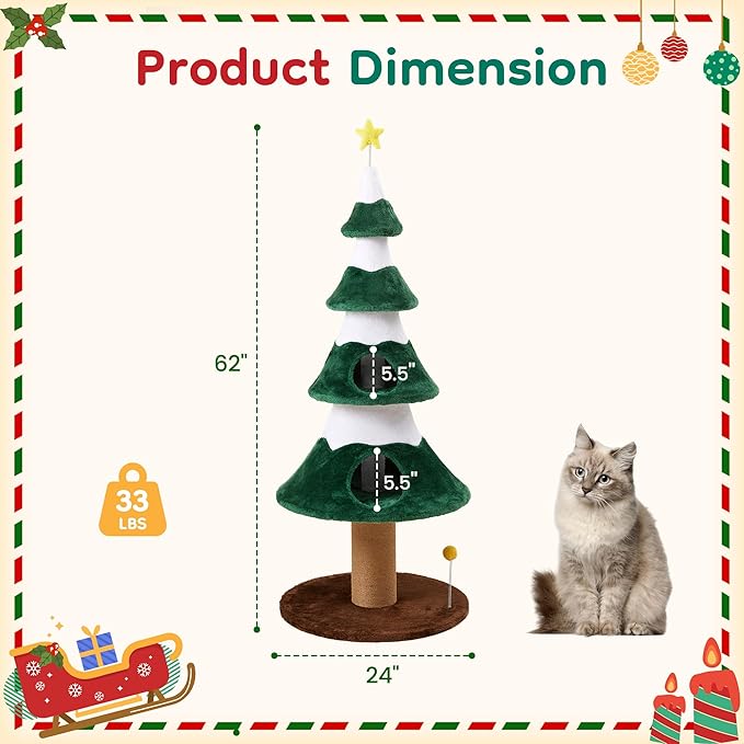62" Christmas Tree Cat Tower for Indoor Cats, Multi-Level Wooden Cat Tree with Scratching Posts, Sisal Cat Scratcher & Cozy Cat Beds,Green
