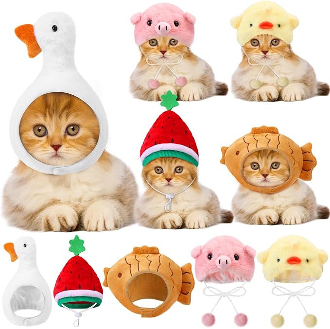 Weewooday 5 Pcs Cat Adorable Costume Pig Chick Goose Watermelon Taiyaki Fish Cat Hat for Pets and Small Dogs Kitten Puppy Party Costume Accessory Headwear