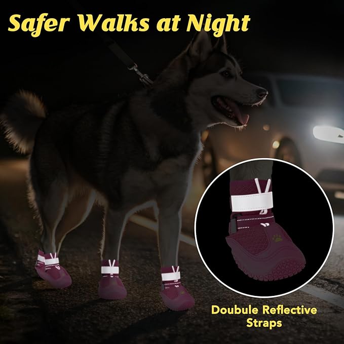 LUCKYPAW Dog Shoes for Large Medium Dogs, Breathable Dog Boots for Hot Pavement, Paw Protectors for Summer Walking Hiking Winter Snow Outdoor, No Slip Reflective Booties for Hardwood Floor-Hot Pink, 5