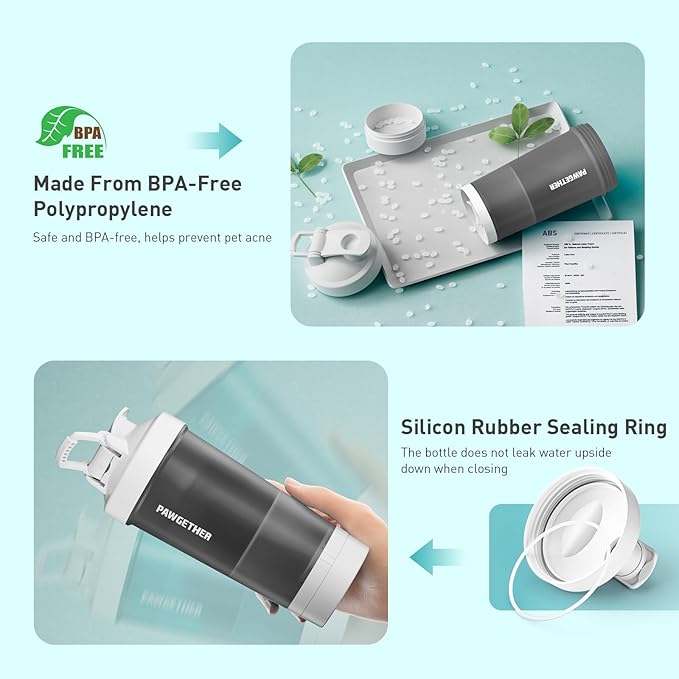 PAWGETHER® 4-in-1 Dog Water Bottle with Leak-Proof Portable Pet Water Bottle & Food Container & Poop Bag Dispenser & Built in Bowl for Outdoor Walking,Hiking,Travel(15oz for Water 5 oz for Food,Grey)