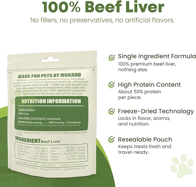 Freeze Dried Beef Liver Treats for Dogs & Cats, High Protein, Single Ingredient, Grain Free Dog Liver Treats, Healthy Training Snacks, Freeze Dried Liver for Dogs, 150g (5.3oz)