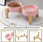 Elevated Ceramic Dog Bowl Set - Raised Dog Bowls with Non Slip Bamboo Stand, Food and Water Bowl Set for Kitty, Cats and Toy Breed Dogs, Pet Bowls, Weighted Dogs Dishes (5.1'', 2*16OZ, Pink)