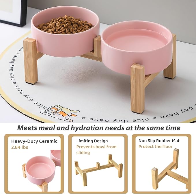 Elevated Ceramic Dog Bowl Set - Raised Dog Bowls with Non Slip Bamboo Stand, Food and Water Bowl Set for Kitty, Cats and Toy Breed Dogs, Pet Bowls, Weighted Dogs Dishes (5.1'', 2*16OZ, Pink)