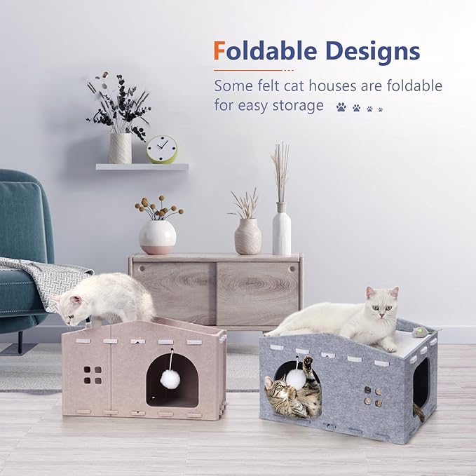 Cat House for Indoor Cats, Cat Beds Peekaboo Pet Cave with Fluffy Ball and Catnip Toy for Multiple Large Cats Up to 33 Lbs Foldable Cat Hideaway Scratch Resistant Felt Cat Cube for Kitten Kitty, Grey