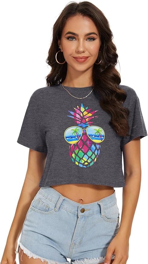 Womens Summer Crop Tops Short Sleeve Round Neck T-Shirts Loose Fit Casual Blouse