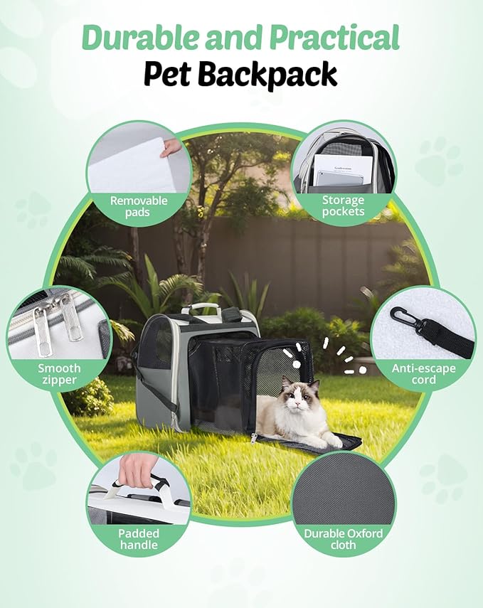 Large Cat Backpack Carrier, Expandable Roomy Pet Carrier Backpack for Medium Cat/Small Dog Puppy Under 18lbs, Breathable Foldable Dog Backpack Travel Airline Approved for Camping Outdoor, Gray