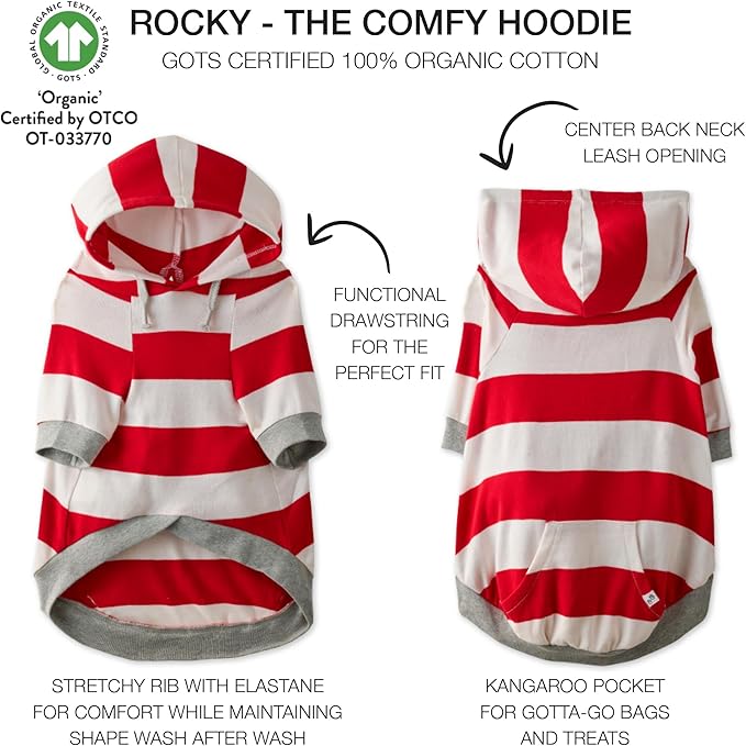 Rocky – The Orginal Lightweight Hooded TEE 100% Organic Cotton Dog Hoodie Pet Coat Sweater for Small, Medium, Large Dogs, Red Bold Stripe, X-Large