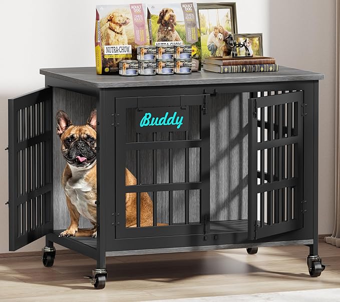 EasyCom 33"/27" Dog Crate Furniture with Name Tag, Heavy Duty Dog Kennel Indoor for Medium and Small Dogs, Double-Doors Sturdy Metal Dog Cage, Decorate House as TV Stand, End Table, Bedside Table