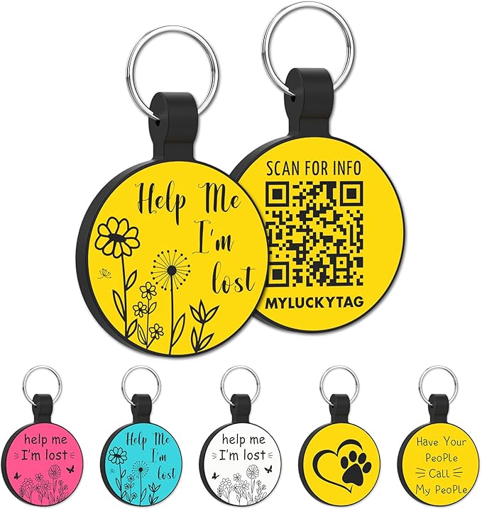 MYLUCKYTAG QR Code Silicone Pet ID Tag for Dogs and Cats - Online Profile, Location Alert Email, Digital and Quiet Tag, Durable Collar ID, Engraved