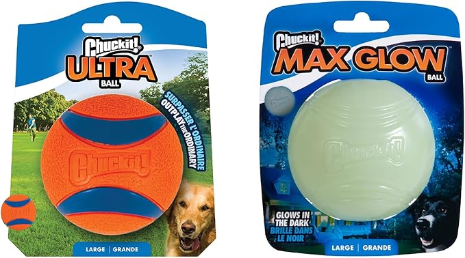 Chuckit! Ultra Ball Dog Toys - Size Large - for Dogs 60-100 lbs - Made from Durable Rubber - Super Bouncy - Day & Night Bundle - Floats in Water - 3-inch Diameter - Pack of 2
