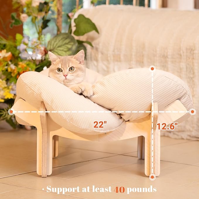 CHEERHOME PETS Elevated Cat Bed Wooden with Cushion Fluffy Pet Couch Sofa for Indoor Cats Raised Kitty Lounge Chair Suitable for Puppy, Cat Furniture(White)