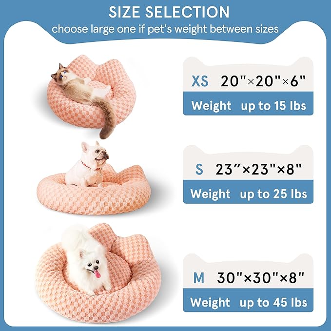 Round Dog Bed for Small Dogs & Cats -Washable Dount Cute Cat Bed for Indoor Cats, Orthopedic Sherpa Fleece Soft Cozy Calming Pet Bed with Removable Zipper Cover (Orange Check, (20x20x6inches))