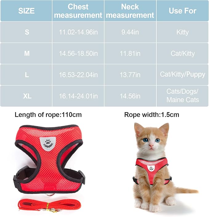 shudyear Summer cat Chest Harness and Leash, Anti-Escape Adjustable Soft mesh cat Leash and Chest Harness Set for All Types of Cats cat Vests (Size S,Red)