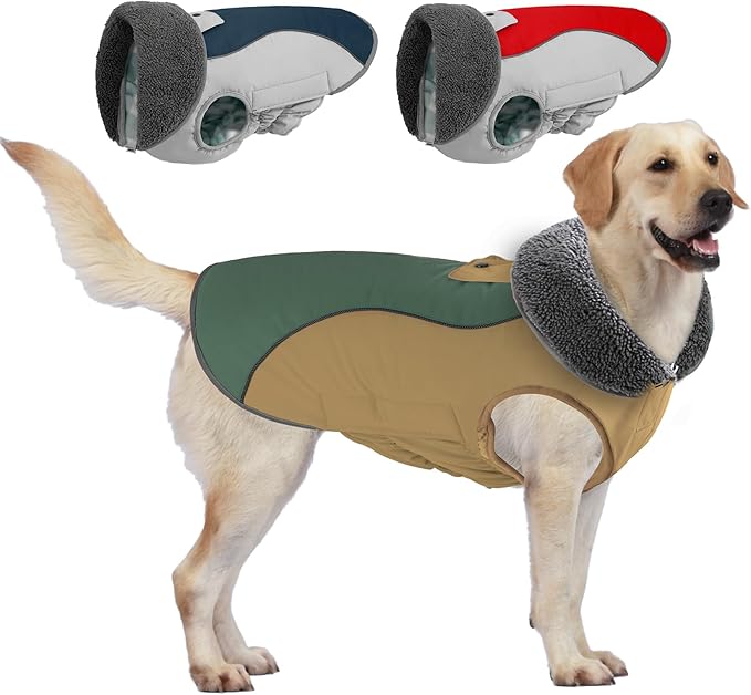 Doglay Dog Jacket Waterproof Dog Coat, Reflective Cold Weather Winter Coat, Adjustable Turtleneck Fleece Puppy Snow Jacket with Harness Hole for Small Medium Large Dogs