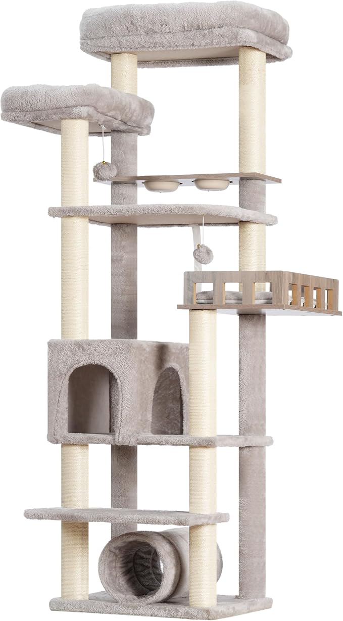Cat Tree with Tunnel, Cat Tower for Indoor Cats, Tall Cat Tree Tower with Cat Condo, Food Station, Large Platform, Scratching Posts, Hammock, Light Gray GCT021W