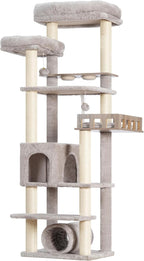 Cat Tree with Tunnel, Cat Tower for Indoor Cats, Tall Cat Tree Tower with Cat Condo, Food Station, Large Platform, Scratching Posts, Hammock, Light Gray GCT021W