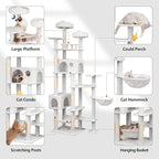 85in Tall Cat Tower for Heavy Duty Big Cats, Large Cat Tree with Scratching Post, Plush Perches, Cozy Cat Condos & Hanging Hammocks for Maine Coon, White