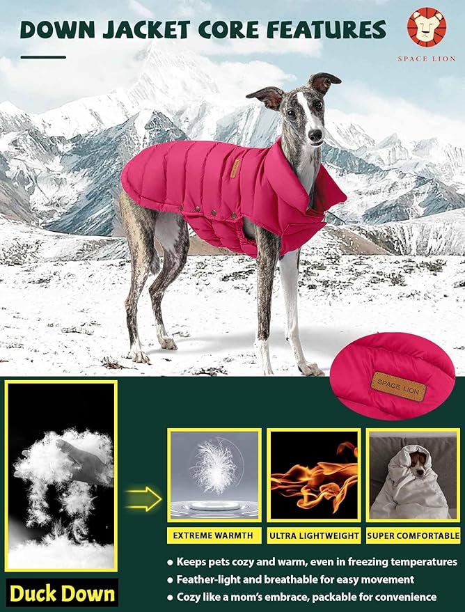 SPACE LION Puffer Jacket, Down Winter Coat, Waterproof, Windproof, Lightweight Jacket, Adjustable Fit for Large Dogs(Red,2XL)