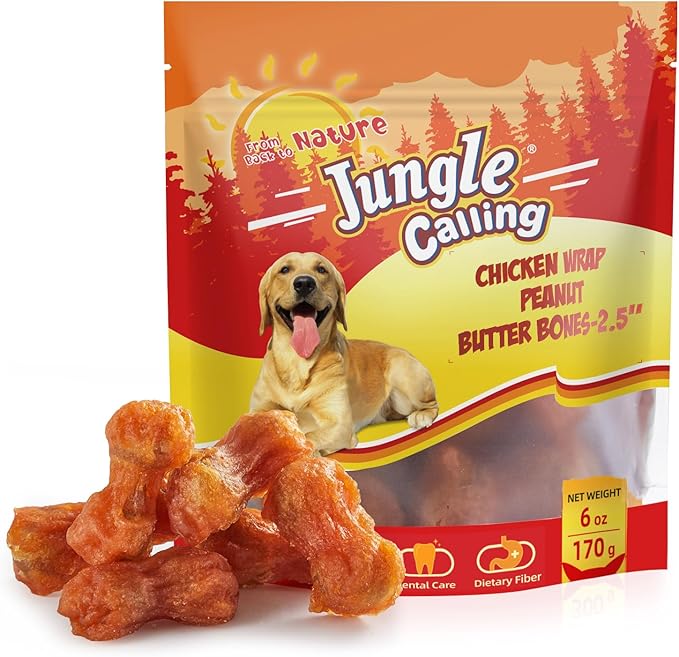 Jungle Calling Rawhide Free Dog Chew Treats, Real Chicken Wrapped Peanut Butter Bones, Teeth Clean Chewy Training Snacks, 6 oz
