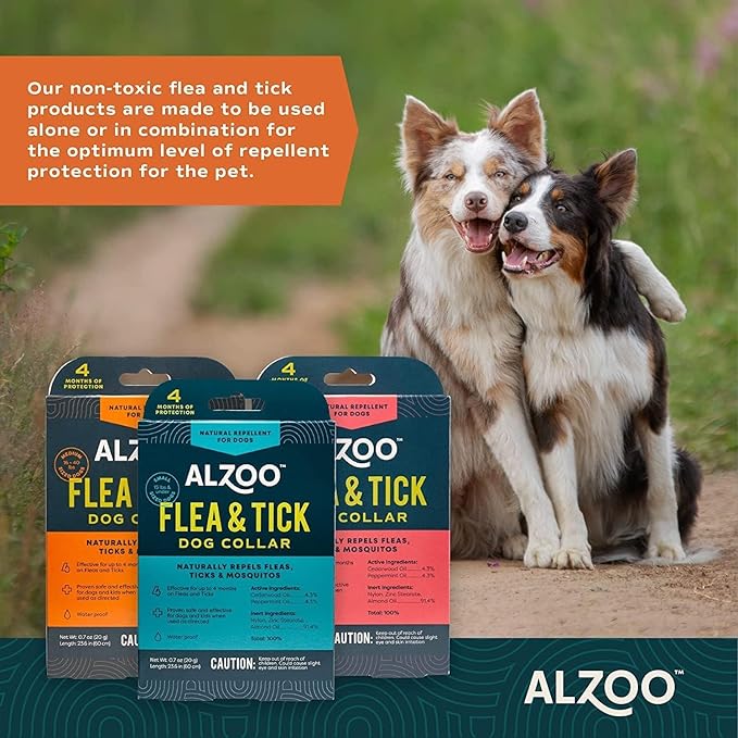 ALZOO Natural Flea & Tick Dog Collar - Helps Repel Fleas, Ticks & Mosquitoes - 100% Plant-Based Active Ingredients - Waterproof - Up to 4 Months Protection - Medium-Sized Dogs: 16-40 lbs - Pack of 2