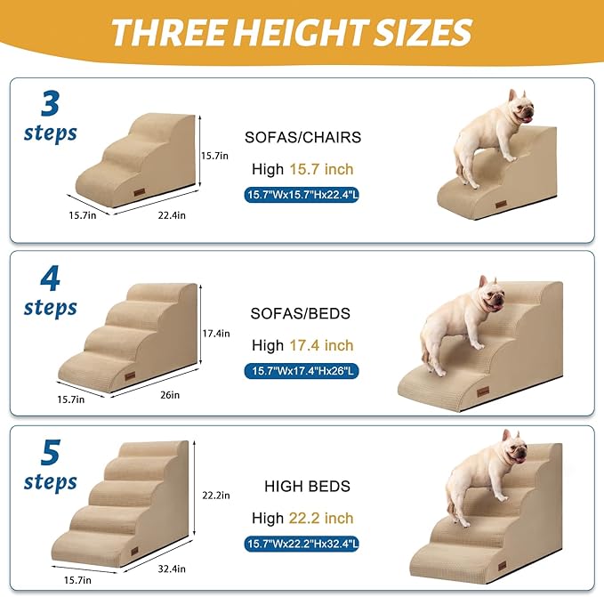 3-Step Dog Ramp and Stairs for Sofa and Chair - Non-Slip Sturdy Pet Steps for Small Dogs and Cats,15.7" H,Khaki