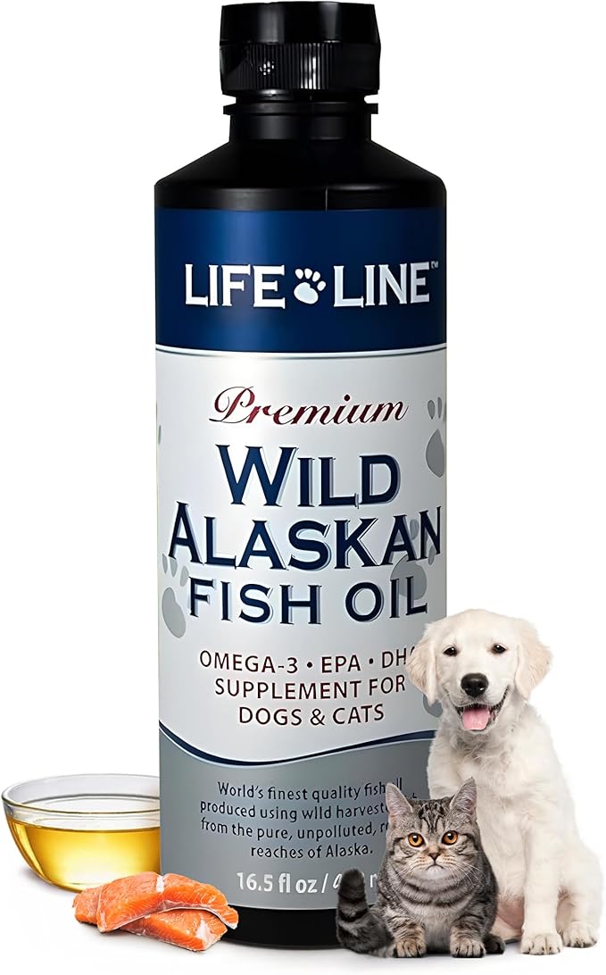 Life Line Pet Nutrition Wild Alaskan Fish Oil Omega-3 Supplement for Skin & Coat – Supports Brain, Eye & Heart Health in Dogs & Cats, 16.5oz
