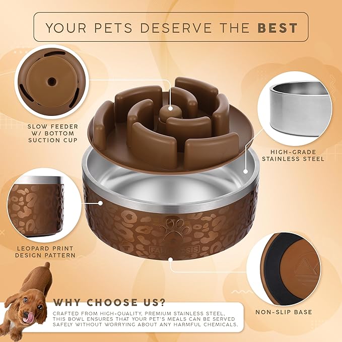 32 Oz Dog Bowl with Slow Feeder Insert Stainless Steel Pet Water Bowl for Medium & Large Breed Non Slip Rubber Base & Plastic Puzzle Feeder - Gold Leopard