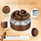 32 Oz Dog Bowl with Slow Feeder Insert Stainless Steel Pet Water Bowl for Medium & Large Breed Non Slip Rubber Base & Plastic Puzzle Feeder - Gold Leopard