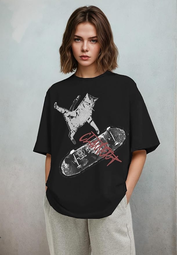 Y2k Graphic Unisex Tees Rock Guitar Cat T-Shirt Short Sleeve Oversized Tee Vintage Retro Grunge Streetwear Shirts