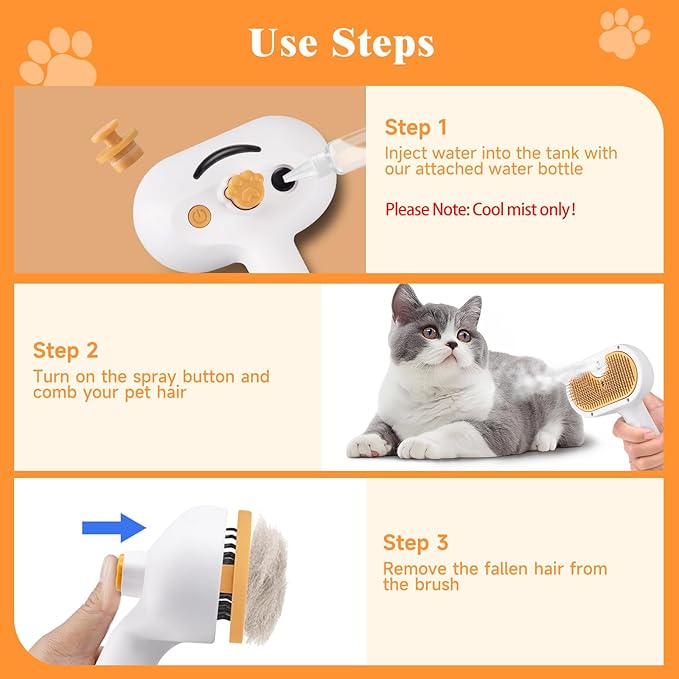 3-in-1 Pet Steam Brush Set for Dogs & Cats, Grooming Comb with Spray, Defur Tool, Water-Free Shampoo, Bath Gloves,Bath Brush, Tooth & Ear Brush, Towel (11PCS)