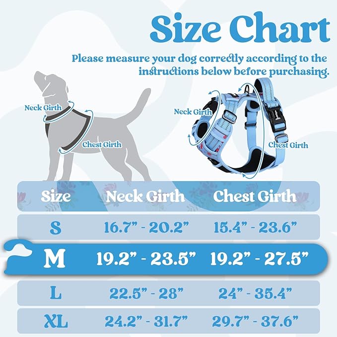rabbitgoo Dog Harness Medium Sized, No Pull Pet Harness with 3 Buckles, Adjustable Soft Padded Vest with Control Handle, Walking Reflective Pet Vest for Medium Dogs, Floral Blue, M