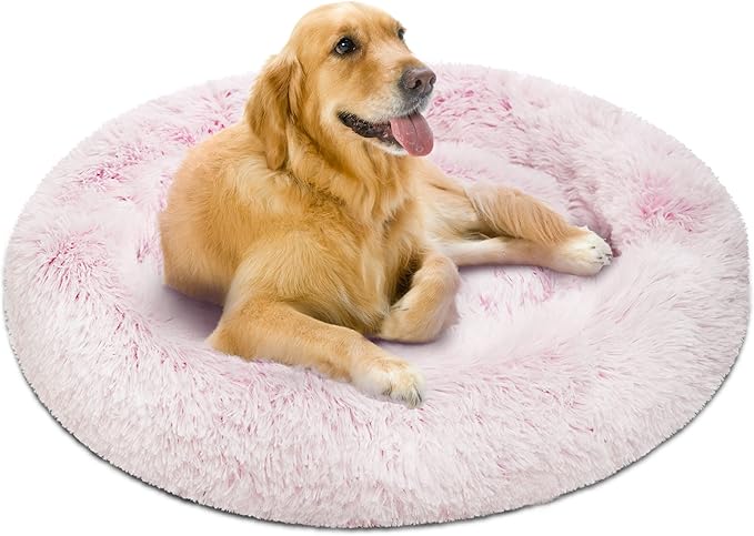 Friends Forever Donut Dog Bed Faux Fur Fluffy Calming Sofa For Large Dogs, Soft & Plush Anti Anxiety Pet Couch For Dogs, Machine Washable Coco Pet Bed with Non-Slip Bottom, 36"x36"x8" Pink