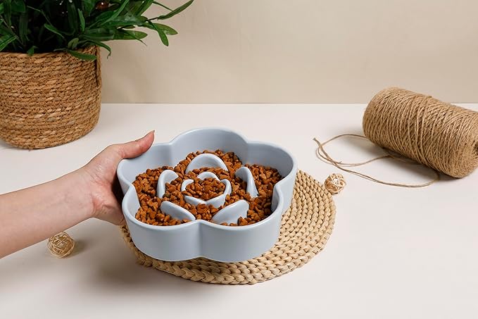 Ceramic Slow Feeder Dog Bowl, Anti-Choking Slow Food Bowls, 8" 11.3oz Slow Feeder for Medium, Large Breeds, Plum Puzzle Design, Non-Slip Silicone, Dishwasher and Microwave Safe, Blue