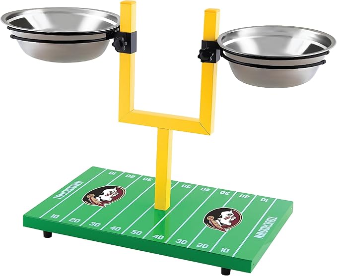 NCAA Florida State Seminoles Goalpost Football Field Dog Feeder – Adjustable Elevated Dog Bowls with Stand, 2 Stainless Steel Bowls, Non-Slip Rubber Feet, Raised Pet Feeder for Large & Small Dogs