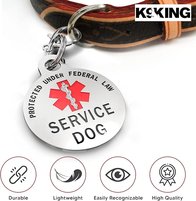 Service Dog Tag Double Sided with Federal Protection & Red Medical Alert Symbol | 1.25 Inch Durable Pet ID Tags | Easily Attach to Collar, Harness, Vest | Service Dog Identification Tag