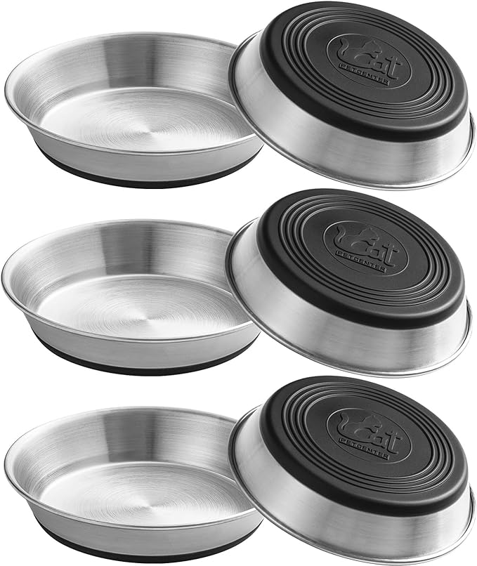 Stainless Steel Cat Bowls,Whisker Friendly Shallow Cat Dishes for Food and Water,Non-Slip Silicone Bottom,Heavy Duty,Replacement Kitten Metal Plate for Elevated Stands,6 Pack