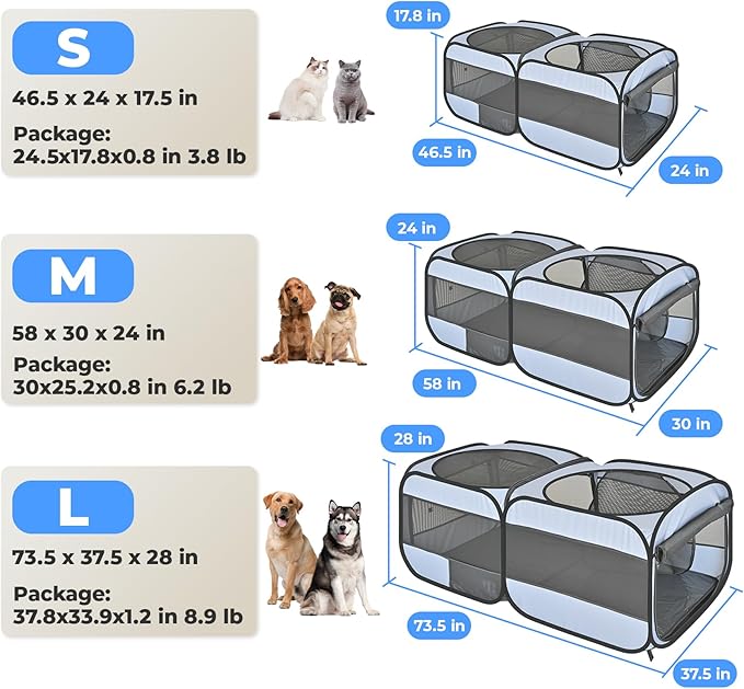 2-in-1 Dog Playpen, 46.5'' Pop Up Cat Puppy Pet Playpens Indoor/Outdoor Cats Enclosed, Cat Dog Tent Crate Cage Kennel, Portable Playpen for Kitten, Small Animals Play Pen(No Divider, Unified Space)
