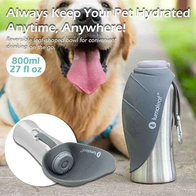 LumoLeaf Portable Dog Water Bottle 27 OZ, Stainless Steel Pet Travel Water Bottle Dispenser for Walking, Hiking and Outdoor, Portable Water Bowl for Large Dogs (Grey)