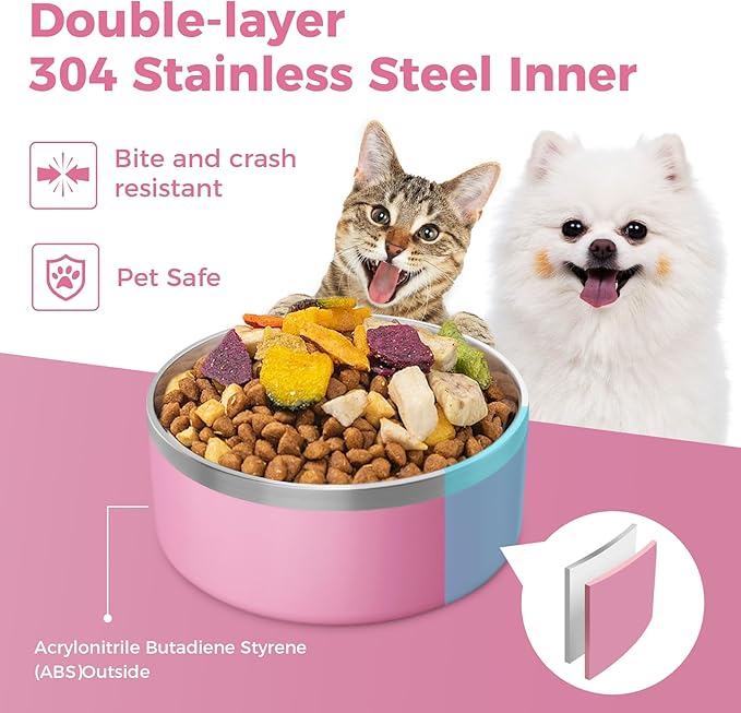 LIHONG Stainless Steel Dog Bowls for Large Dogs,Dog Food Water Bowls with Non Slip Rubber Bottom,Pet Feeding Bowl,Double Wall Insulated,Rustproof(64oz,Pink)