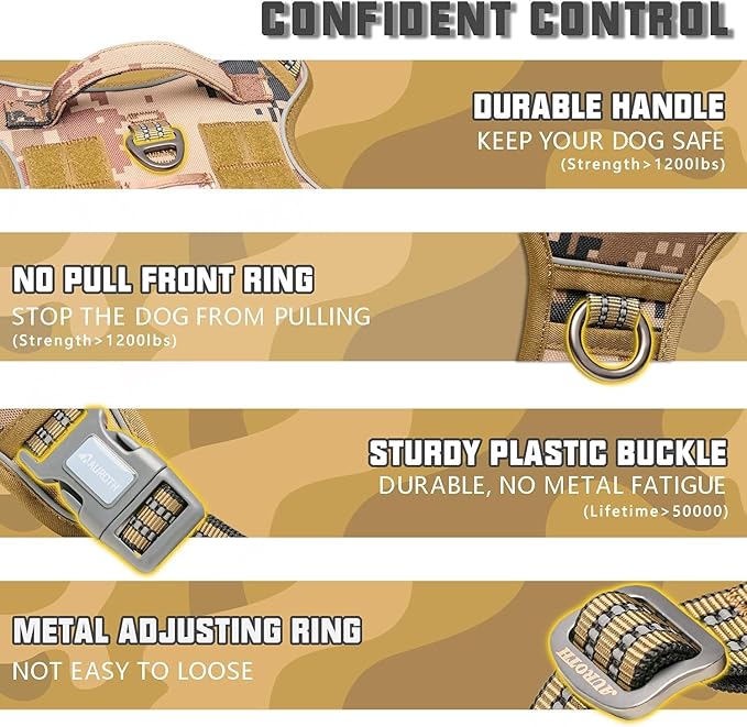 AUROTH Tactical Pet Harness for Large Dogs No Pull Adjustable, Reflective K9 Working Training Easy Control Vest Military fpr Service Dog Desert Camo L