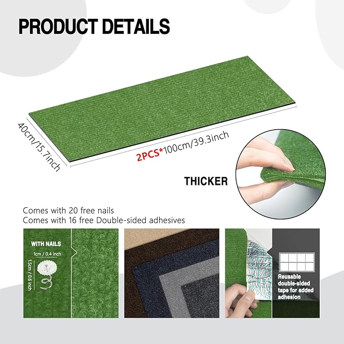 2Pack Total 78.7"x15.8" Cat Scratch Mat for Cat Couch Furniture and Wall Protector | Trimmable Self-Adhesive Carpet Climb Cat Scratcher for Covering Cat Tower and Replacement Pads (Green)