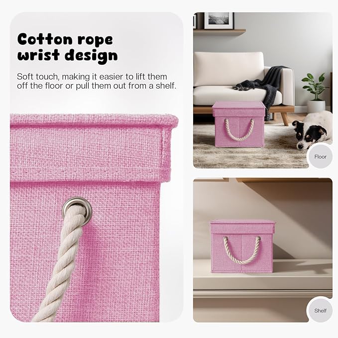 Dog Toy Basket with Lid, Dog Basket for Toys, Dog Toy Box with Cotton Rope Handles, Collapsible Storage Bins for Dog Toys, Dog Storage Organizer, Pink