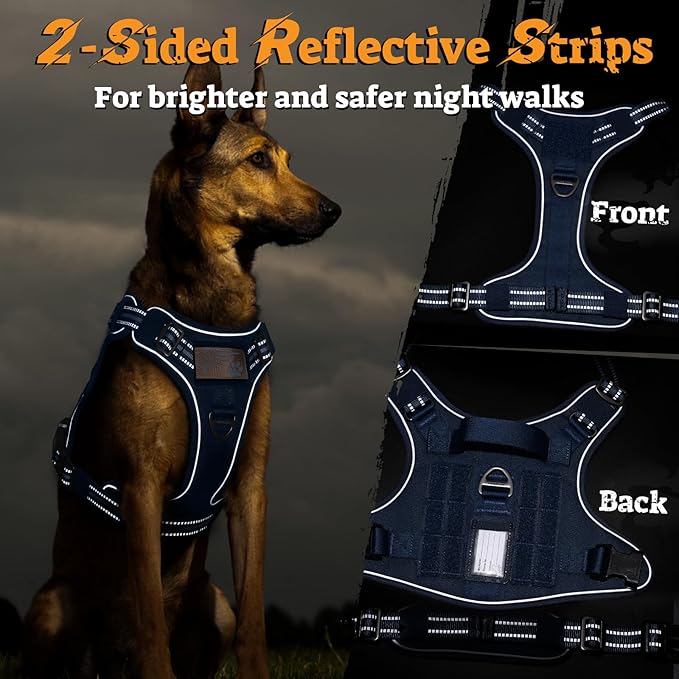 rabbitgoo Dog Harness Medium Sized No Pull, Tactical Service Pet Vest with Molle and Control Handle, Adjustable and Reflective Military Harness for Easy Walking and Training, Blue, M