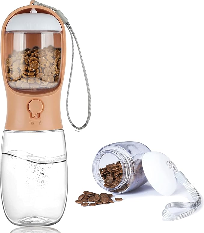 Portable Dog Water Bottle with Food Container,15oz Leak-Proof Pet Water Dispenser for Dogs, Cats, Puppies,Built-in Activated Carbon Filter for Travel,Hiking, Walking,and Outdoor Activities