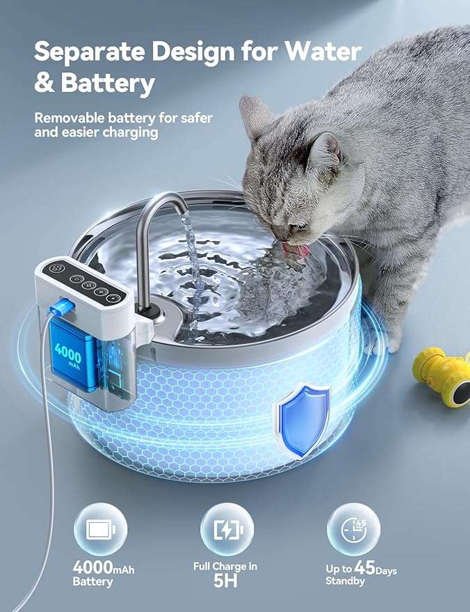 Wireless Cat Water Fountain with Sensor [Water & Battery Separation] FEELNEEDY Smart Pet Water Fountain, 3.5L/118oz 4000mAh Battery Operated Water Fountains for Cats Dogs + 6 Filters